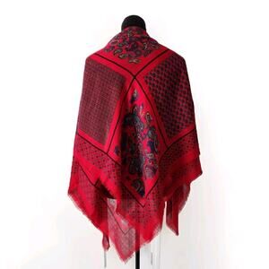 Vintage Woodward Oversized Square Red Paisley Scarf W/ Frayed Ends 54×54 In EUC